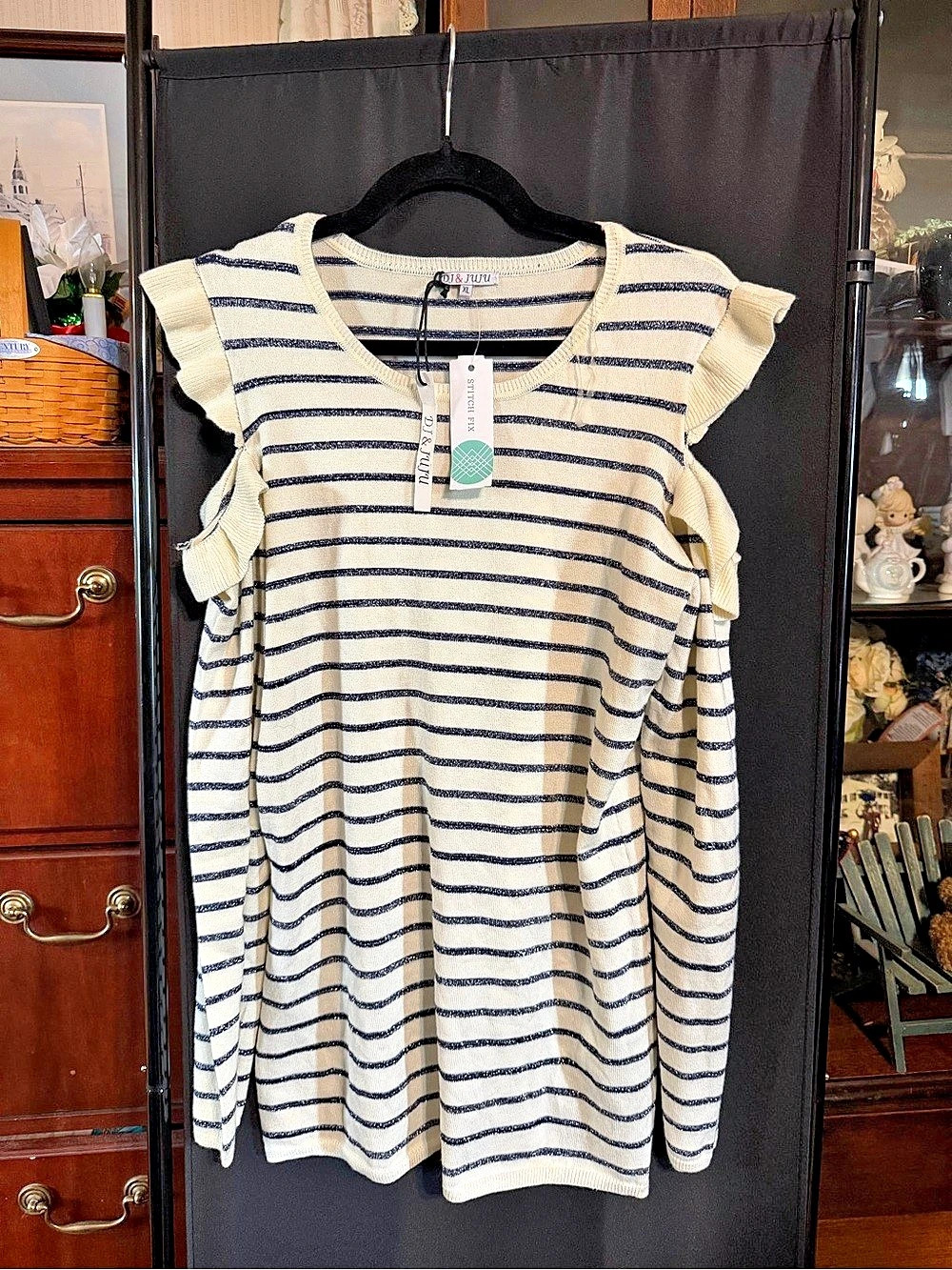 DJ & JUJU Striped Ruffle Sleeve Top in Cream & Blue XL NWT